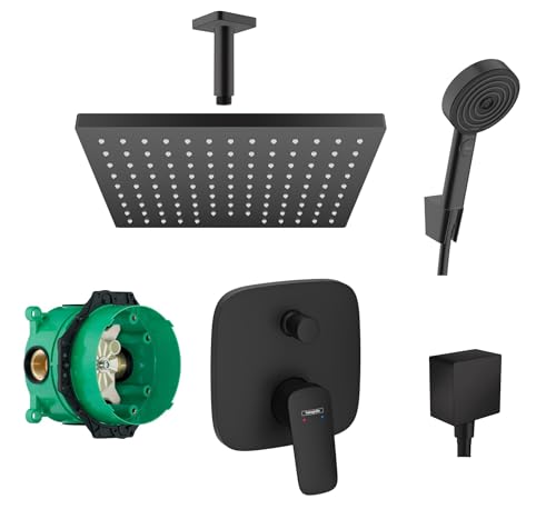 Hansgrohe Duschsystem mit Unterputz Duscharmatur von Hansgrohe Regendusche mit Armatur, Duschkopf eckig, Deckenarm Dusch-SET HGSK08 schwarz matt Hansgrohe Duschsystem mit Unterputz Duscharmatur von Hansgrohe Regendusche mit Armatur, Duschkopf eckig, Deckenarm Dusch-SET HGSK08 schwarz matt von vanvilla