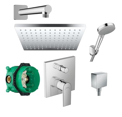 Hansgrohe Duschsystem mit Unterputz Duscharmatur von Hansgrohe Regendusche mit Armatur, Duschkopf eckig, Wandarm Dusch-SET HGK01 poliert von vanvilla