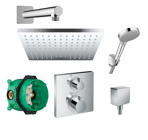 Hansgrohe Duschsystem mit Unterputz Duscharmatur von Hansgrohe Regendusche mit Armatur, Duschkopf eckig, Wandarm Dusch-SET HGK03 poliert von vanvilla