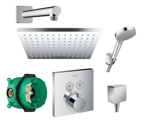 Hansgrohe Duschsystem mit Unterputz Duscharmatur von Hansgrohe Regendusche mit Armatur, Duschkopf eckig, Wandarm Dusch-SET HGK05 poliert von vanvilla