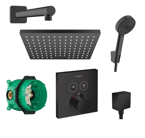 Hansgrohe Duschsystem mit Unterputz Duscharmatur von Hansgrohe Regendusche mit Armatur, Duschkopf eckig, Wandarm Dusch-SET HGSK05 schwarz matt von vanvilla