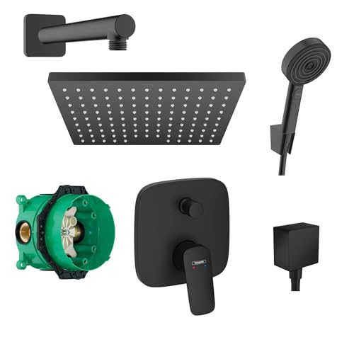 Hansgrohe Duschsystem mit Unterputz Duscharmatur von Hansgrohe Regendusche mit Armatur, Duschkopf eckig, Wandarm Dusch-SET HGSK07 schwarz matt Hansgrohe Duschsystem mit Unterputz Duscharmatur von Hansgrohe Regendusche mit Armatur, Duschkopf eckig, Wandarm Dusch-SET HGSK07 schwarz matt von vanvilla