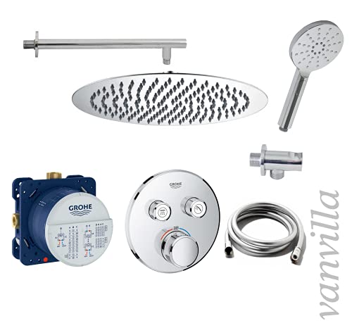 vanvilla Duschsystem mit Unterputz Duscharmatur von Grohe SmartControl Thermostat und vanvilla Regendusche mit Armatur mit Thermostat, Duschkopf rund, Dusch-SET G06 poliert von vanvilla