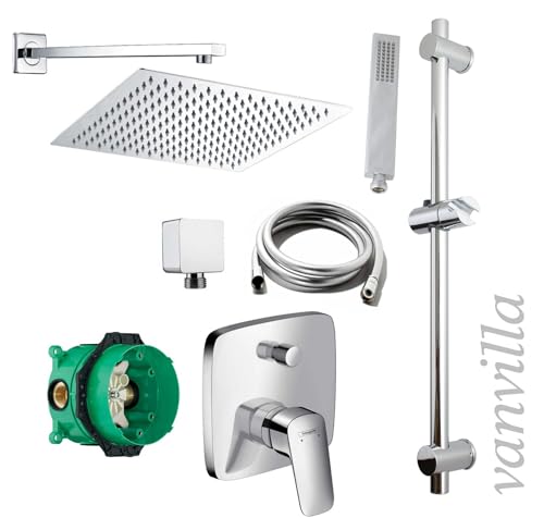 vanvilla Duschsystem mit Unterputz Duscharmatur von Hansgrohe Logis und vanvilla Regendusche mit Armatur, Duschkopf 30x30 cm, Dusch-SET HG09 poliert von vanvilla