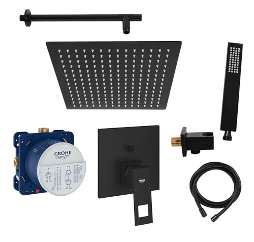 vanvilla Duschsystem mit Unterputz Duscharmatur von Grohe Eurocube Einhandmischer und vanvilla Regendusche mit Armatur, Duschkopf, Dusch-SET GS01-XL schwarz matt von vanvilla