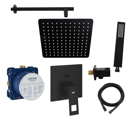 vanvilla Duschsystem mit Unterputz Duscharmatur von Grohe Eurocube Einhandmischer und vanvilla Regendusche mit Armatur, Duschkopf, Dusch-SET GS01 schwarz matt von vanvilla