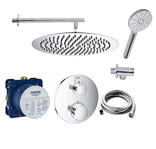 vanvilla Duschsystem mit Unterputz Duscharmatur von Grohe Grohtherm 2-Wege Thermostat und vanvilla Regendusche mit Armatur mit Thermostat, Duschkopf rund, Dusch-SET G10 poliert von vanvilla