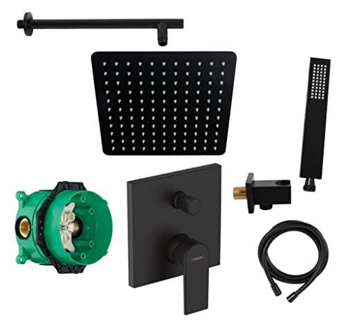 vanvilla Duschsystem mit Unterputz Duscharmatur von Hansgrohe Einhebelmischer und vanvilla Regendusche mit Armatur, Duschkopf eckig, Dusch-SET HGS07 schwarz matt beschichtet (V2) von vanvilla