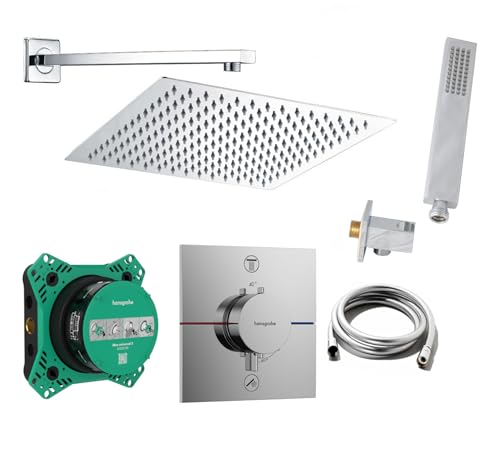 vanvilla Duschsystem mit Unterputz Thermostat Duscharmatur von Hansgrohe Shower Select Comfort E und vanvilla Regendusche mit Armatur, Duschkopf eckig, Dusch-SET HG203 poliert von vanvilla