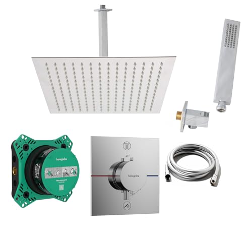 vanvilla Duschsystem mit Unterputz Thermostat Duscharmatur von Hansgrohe Shower Select Comfort E und vanvilla Regendusche mit Armatur, Duschkopf eckig, Dusch-SET HG204 poliert von vanvilla