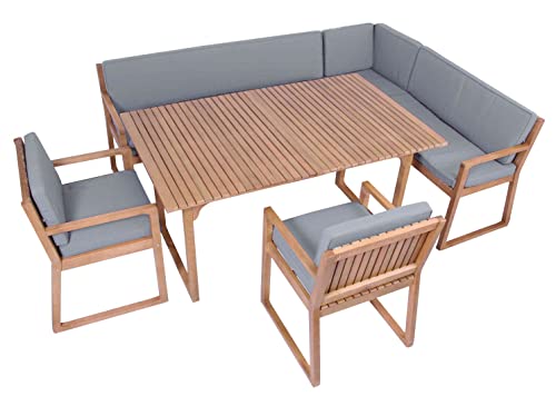 vanvilla Gartenmöbel Set Holz Sitzgruppe Gartenmöbelset Garnitur Terrasse Möbel Sitzgarnitur 1 Tisch 1 Eckbank 2 Sessel Auflage HELLGRAU von vanvilla