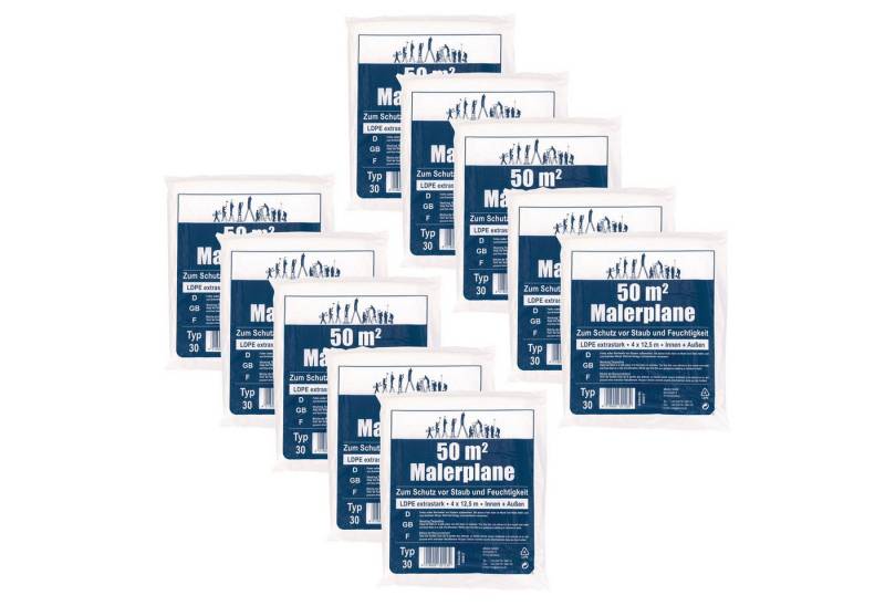 varivendo Abdeckfolie 10 x LDPE-Bauplane 4 x 12,5m = 500qm Typ 30, für Nicht Zutreffend., Die LDPE Bauplane wird einfach ausgelegt und kann bei Bedarf mit Klebeband, Gewichten oder Kabelbindern fixiert werden., (Stück, 10-St., LDPE-Bauplane), LDPE Bauplane Abdeckplane Malerfolie Schutzfolie von varivendo