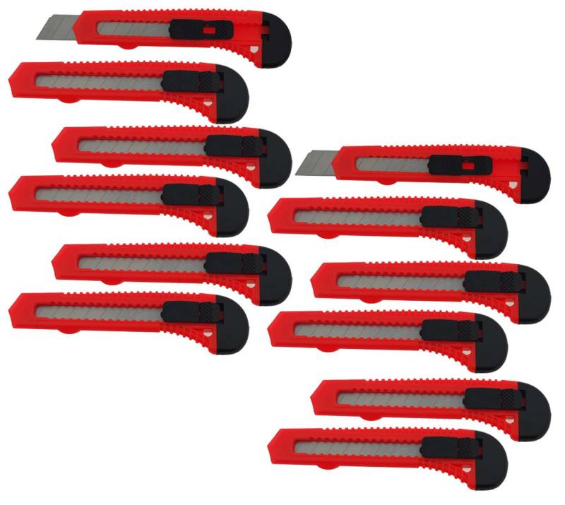 varivendo Cuttermesser 12 x Cuttermesser 18mm flaches Kunststoffgehäuse rot, (Stück, 12-tlg., Cuttermesser 18mm), Cuttermesser Schneidwerkzeug Teppichmesser von varivendo