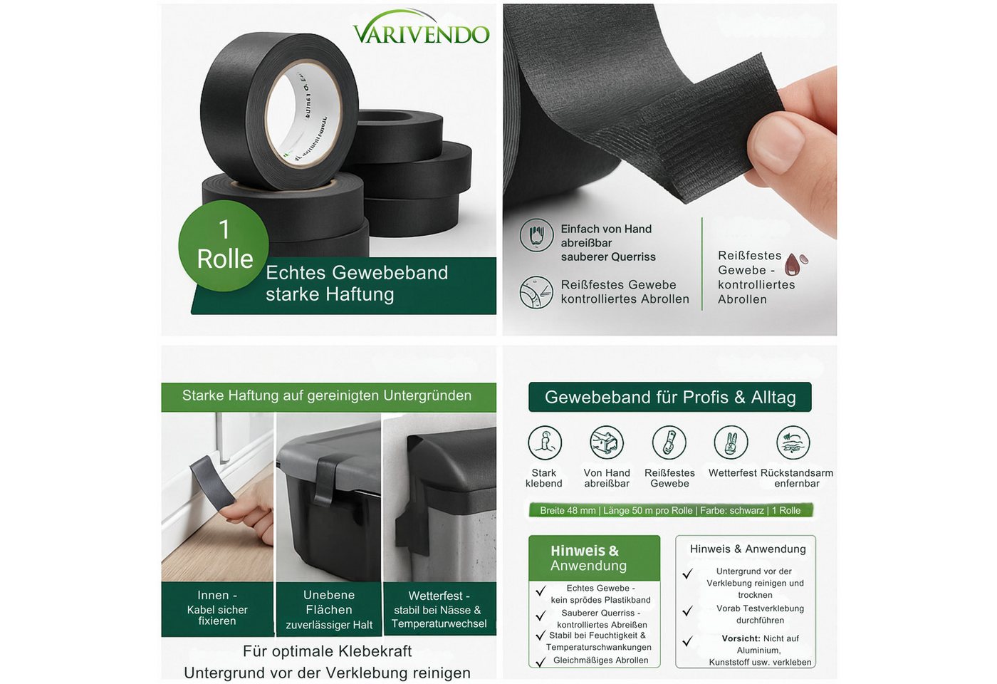 varivendo Klebeband 1 Rolle Basic-Allzweckband schwarz 48mmx50m (Rolle, 1-St., Gewebeband) Klebeband Gewebeband Panzertape Duct Tape Reparaturband Isolierband von varivendo