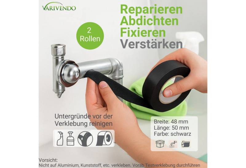 varivendo Klebeband 2 Rollen Basic-Allzweckband schwarz 48mmx50m (Rollen, 2-St., Gewebe Klebeband) Klebeband Panzerband Gewebeband Duct Tape Isolierband Reparaturband von varivendo