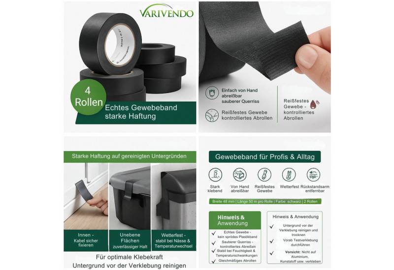 varivendo Klebeband 4 Rollen Basic-Allzweckband schwarz 48mmx50m (Rollen, 4-St., Gewebeband) Klebeband schwarz Allzweckband schwarz Gewebeband Panzerband von varivendo