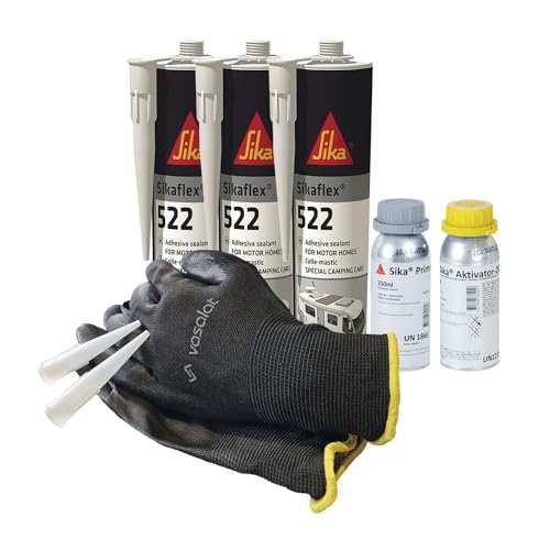 Sika Sikaflex 522 STP Kleber - Wohnwagen Dichtmasse mit Primer 210 + Aktivator 205 - ideal zum Abdichten von Buntmetallen, 3x 300ml weiß mit 5 Düsenspitzen + Aktivator und Primer von vasalat