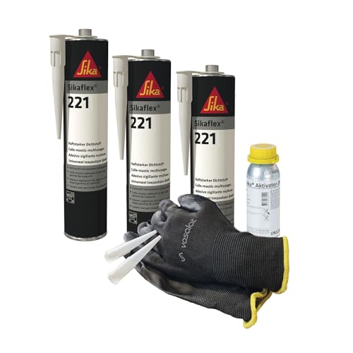 Sikaflex 221 hellgrau 3x 300ml Kleb- und Dichtstoff mit Aktivator 205 - ideal zur Abdichtung von Stahl und Aluminium mit 5 Düsenspitzen von vasalat