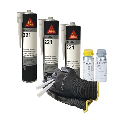 Sikaflex 221 weiß 3x 300ml Kleb- und Dichtstoff mit Aktivator 205 und Primer 210 - ideal zur Abdichtung von Buntmetall mit 5 Düsenspitzen von vasalat