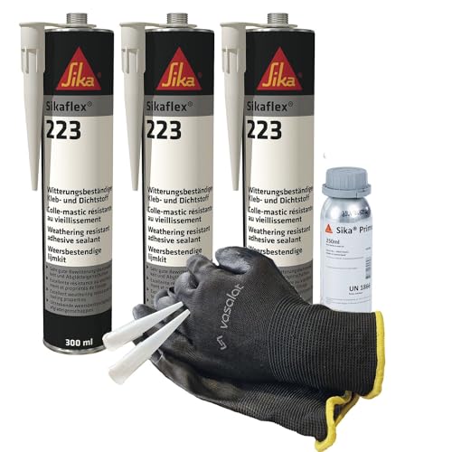 Sikaflex 223 schwarz 3x 300ml Kleb- und Dichtstoff mit Aktivator 205 und Primer 210 - zur Abdichtung von Buntmetallen mit 5 Düsenspitzen von vasalat