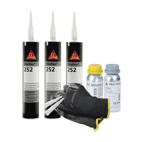 Sikaflex 252 weiß 3x 300ml Klebstoff mit Aktivator 205 und Primer 210 - zur Verklebung von Buntmetall mit 5 Düsenspitzen von vasalat