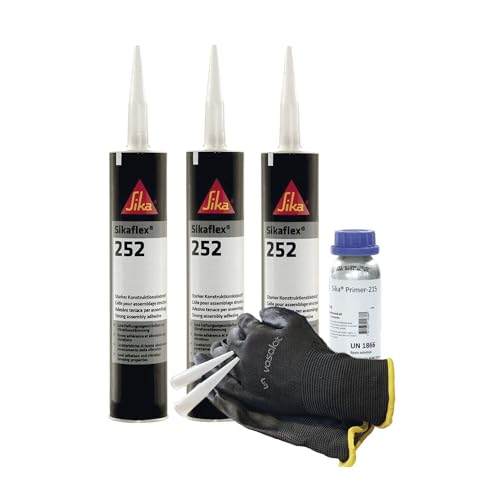 Sikaflex 252 schwarz 3x 300ml Klebstoff mit Primer 215 - für die Verklebung von Stahl und Aluminium mit 5 Düsenspitzen von vasalat