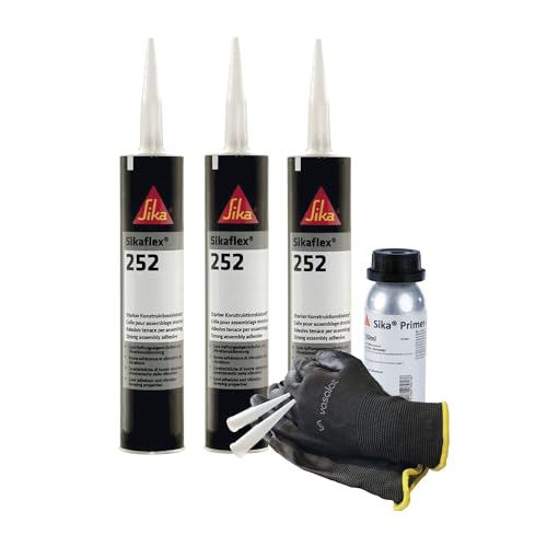 Sikaflex 252 schwarz 3x 300ml Klebstoff mit Primer 207 - für die Verklebung von Stahl und Aluminium mit 5 Düsenspitzen von vasalat