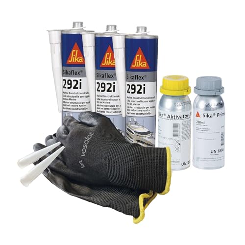 Sikaflex 292i Marine weiß 3x 300ml mit Aktivator 205 und Primer 210 - zur Abdichtung und Verklebung von Buntmetall im Boot und Schiffsbau mit 5 Düsenspitzen von vasalat