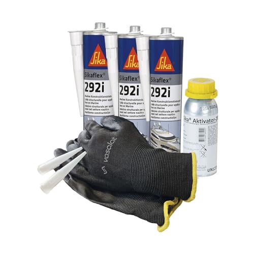 Sikaflex 292i Marine weiß 3x 300ml mit Aktivator 205 - zur Abdichtung von Aluminium und Stahl im Boot und Schiffsbau mit 5 Düsenspitzen von vasalat