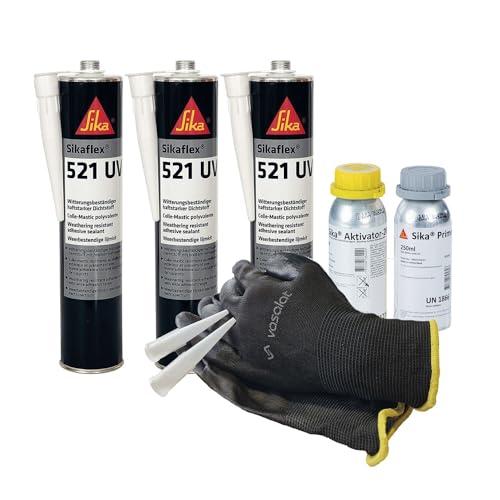 Sikaflex 521 UV grau 3x 300ml Kleb- und Dichtstoff mit Aktivator 205 und Primer 210 - zur Abdichtung von Buntmetall mit 5 Düsenspitzen von vasalat