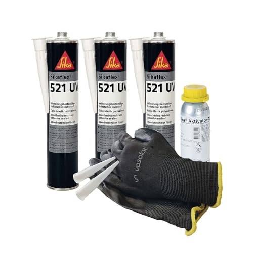 Sikaflex 521 UV grau 3x 300ml Kleb- und Dichtstoff mit Aktivator 205 - zur Abdichtung von Aluminium, Stahl und Kunststoff von vasalat