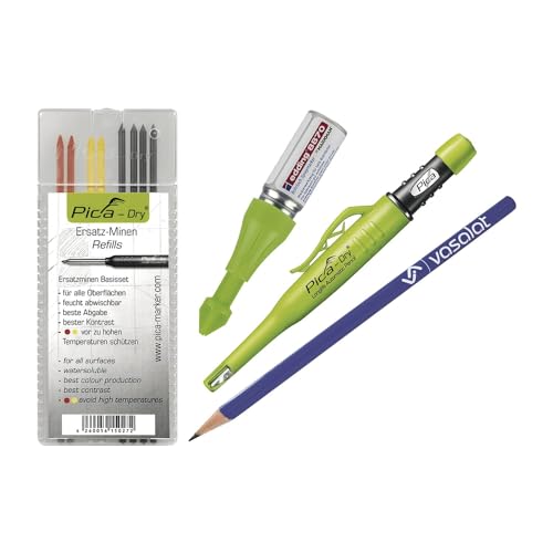 Tieflochmarker Spray grün - Bohrlochmarker für deutlich sichtbare Markierungen, bis zu 250 Bohrlöcher + Pica Dry mit 8 Ersatzminen rot/gelb/graphit von vasalat