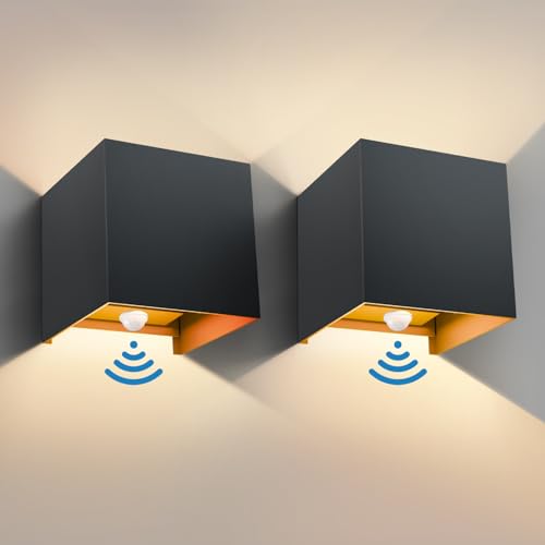 vatato 2 Stück LED Wandleuchte mit Bewegungsmelder,12W Außenwandleuchte mit Bewegungsmelder Einstellbarer Lichtstrahl,3000K IP65 außenlampe,Innen/Aussen Wandlampe für Schlafzimmer Garten,Dunkelgrau von vatato