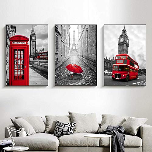 vbiubiuregre 3 stücke Roter Bus Schwarz Weiß Paris London Poster und Drucke Leinwand Gemälde Telefonzelle Kunst Wandbilder für Wohnzimmer Dekor ohne Rahmen von vbiubiuregre
