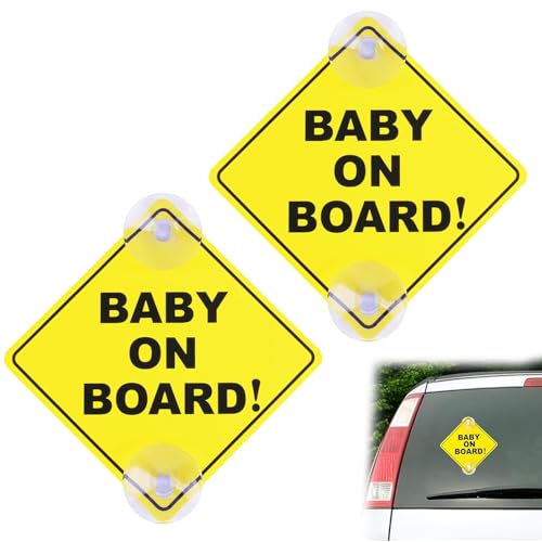 2 Stück Baby an Bord Auto Warnschilder,Baby on Board Aufkleber Auto Mit 2 Saugnäpfen,Baby on Board Aufkleber Auto,12X12Cm Sicherheits Autoschild,Kinderautoschild,Für Autofenster Wiederverwendbar(Gelb) von vcsjw
