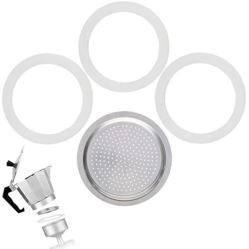 Dichtungsring Espressokocher 6 Tassen,3 Silikon Espressokocher Dichtung und 1 Aluminium-Siebeinsatz,Dichtungsringe für Kaffeekannen,Ersatzdichtung Silikon für Bialetti Dichtung 6 Tassen von vcsjw