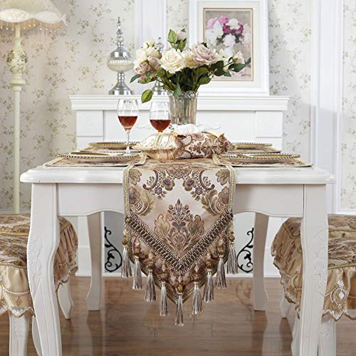 vctops Vintage Luxus Jacquard Damast Floral Tischläufer, Tee-Tischdekoration mit Multi-Quasten, 33 x 175,3 cm, Beige von vctops