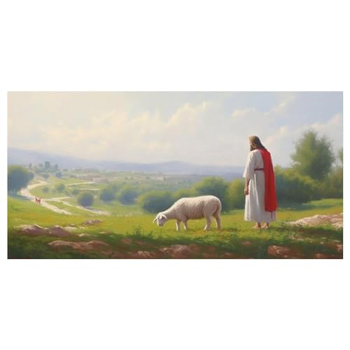 veces Jesus Bild auf Leinwand, Jesus und die Schafe Leinwand Bild Gott Poster katholisches Kunstwerk für spirituelle Raum Wanddekoration Wandbilder Für Wohnzimmer - 40x60cm Ungerahmt von veces