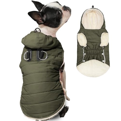Vecomfy Hunde-Kapuzenpullover mit integriertem Geschirr, extra warm, für kleine Hunde im Winter, Welpenmantel mit Kordelzug, Grün, Größe M von vecomfy