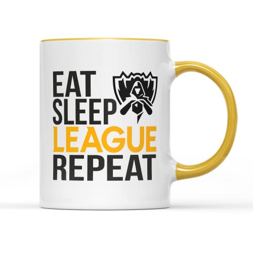 WillowGifts Eat Sleep League Repeat Tasse Tee Koffein Kaffeetasse Neuheit Spaß Videospiel Gamer Legenden Multiplayer Online Battle Arena Charakter Kampf Geschenk Geschenk (gelber Griff) von veeu