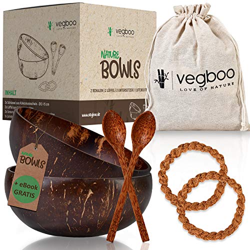 vegboo® Coconut Bowls 2er Set 9-teilig mit E-Book - 100% Nachhaltige Plastikfreie Kokosnuss Schale - Handmade mit umfangreichem Zubehör - ideal als Müsli Schüssel, Vegan Food, Smoothie Bowl von vegboo LOVE OF NATURE