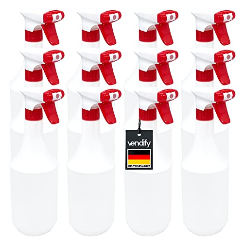 vendify® Sprühflasche 1 Liter / 1000 ml mit Schaum Düse - Leer ohne Label - Premium Qualität - 1l groß nachfüllbar Spray Bottle Fein Zerstäuber für Reinigungsmittel (12 Sprühflaschen) von vendify