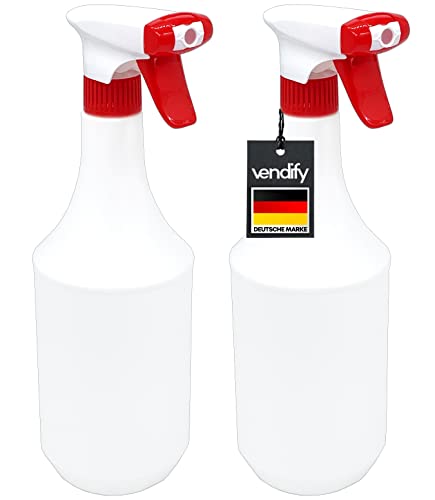 vendify® 2x Sprühflasche 1 Liter / 1000 ml mit Schaum Düse - Leer ohne Label - Premium Qualität - 1l groß nachfüllbar Spray Bottle Fein Zerstäuber für Reinigungsmittel von vendify