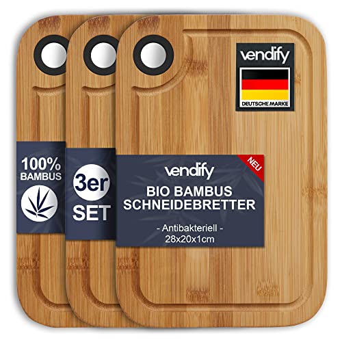 vendify® Bambus Frühstücksbrettchen - 3er-Set Schneidebrett 28x20 cm - Antibakterielles Holz-Küchenbrett - 3 Frühstücksbretter von vendify