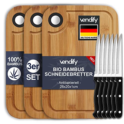vendify® Bambus Frühstücksbrettchen 3er-Set & 6x Steakmesser - 3x Schneidebrett 28x20 cm - Antibakterielles Holz-Küchenbrett - 3 Frühstücksbretter von vendify