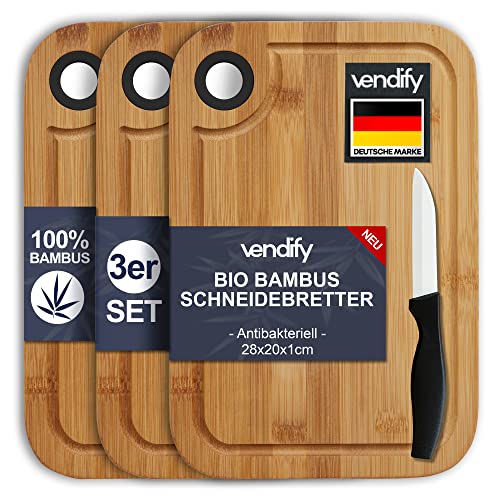 vendify® Bambus Frühstücksbrettchen 3er-Set & Keramikmesser - 3x Schneidebrett 28x20 cm - Antibakterielles Holz-Küchenbrett - 3 Frühstücksbretter von vendify