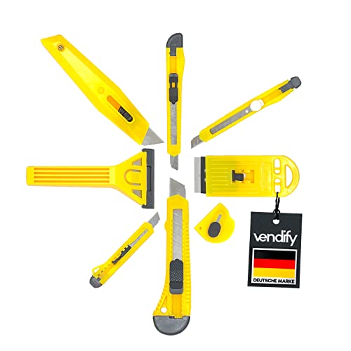 vendify® Cutter Set 8-teilig | mit Ceranfeldschaber & Abbrechklingen | Teppichmesser, Kartonmesser, Cuttermesser von vendify