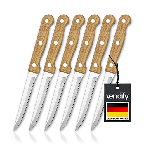 vendify® Premium Steakmesser 6er-Set mit Holzgriff - Edelstahl Pizzamesser Scharf - Rostfreies Besteck-Set - Gezackte Fleisch-Messer von vendify