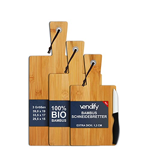 vendify® Schneidebrett Bambus 3er-Set in 3 Größen & Keramikmesser - Frühstücksbrettchen - Antibakterielles Holz-Küchenbrett für Arbeitsplatte 3x Schneidebretter von vendify