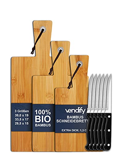 vendify® Schneidebrett Bambus 3er-Set & 6x Steakmesser - Frühstücksbrettchen 3 Größen - Antibakterielles Holz-Küchenbrett für Arbeitsplatte 3x Schneidebretter von vendify
